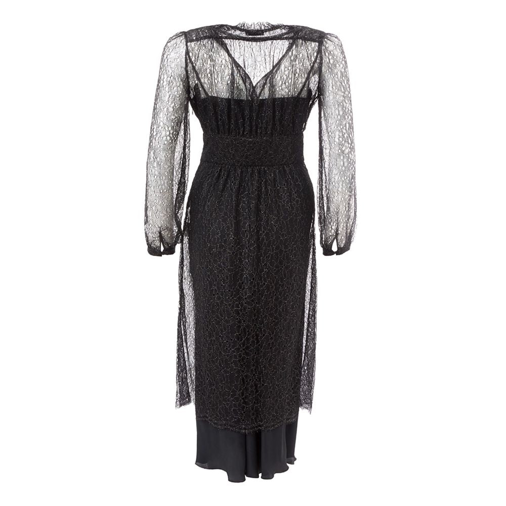 A black nylon casual dress with a lace bodice and long sleeves
