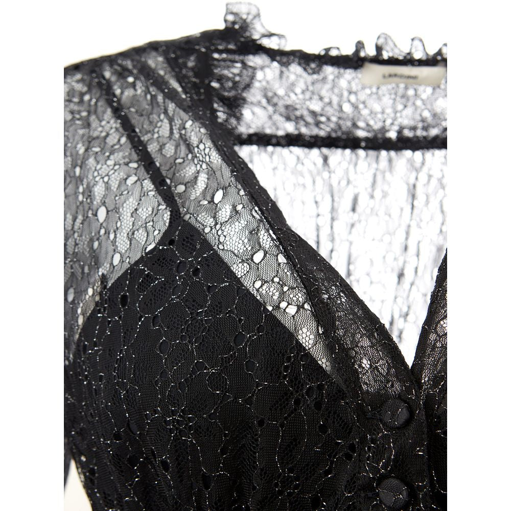 A black nylon casual dress with a lace-like pattern on the front