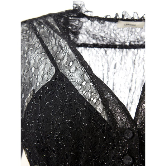 A black nylon casual dress with a lace-like pattern on the front