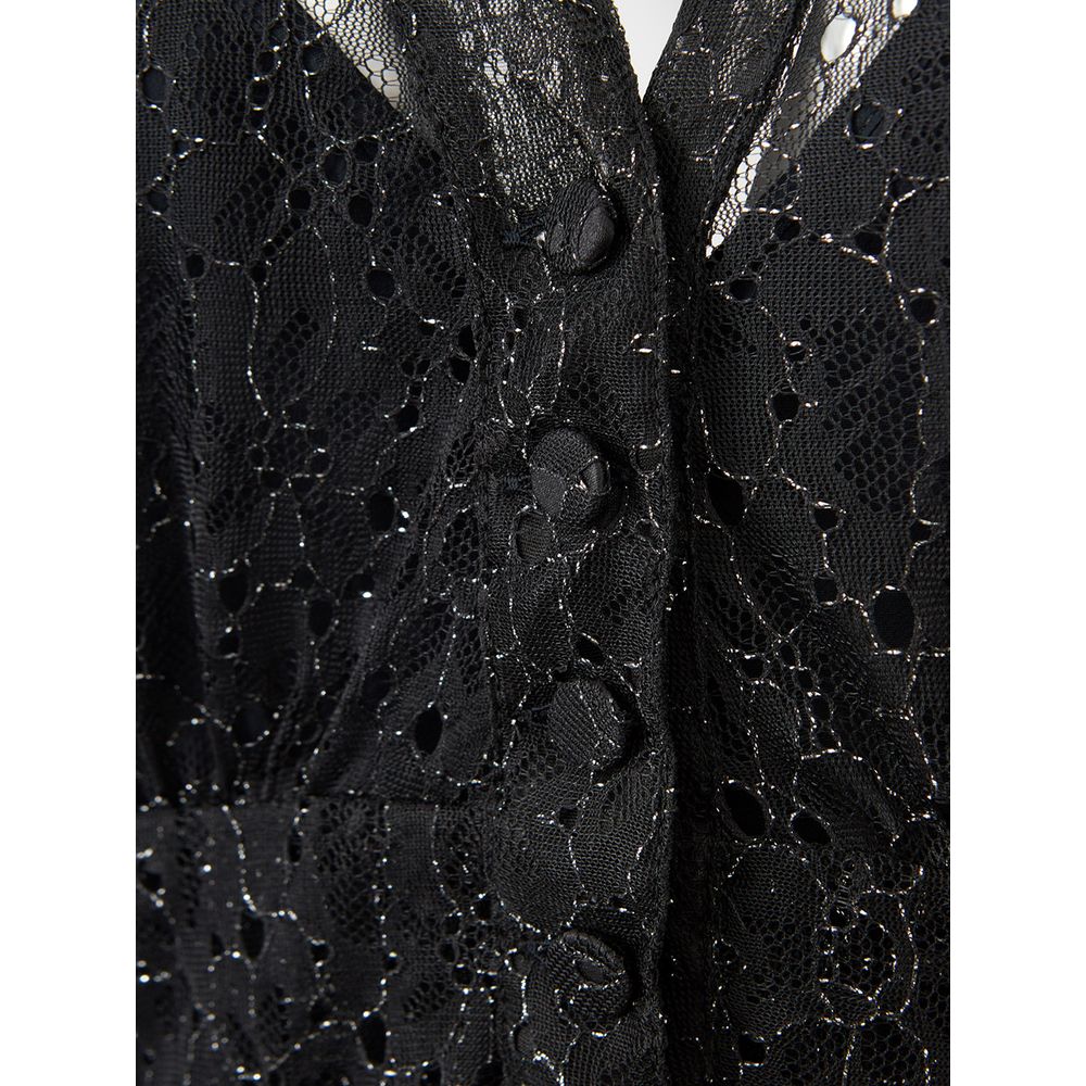 A black nylon dress with a lace-like pattern on the front