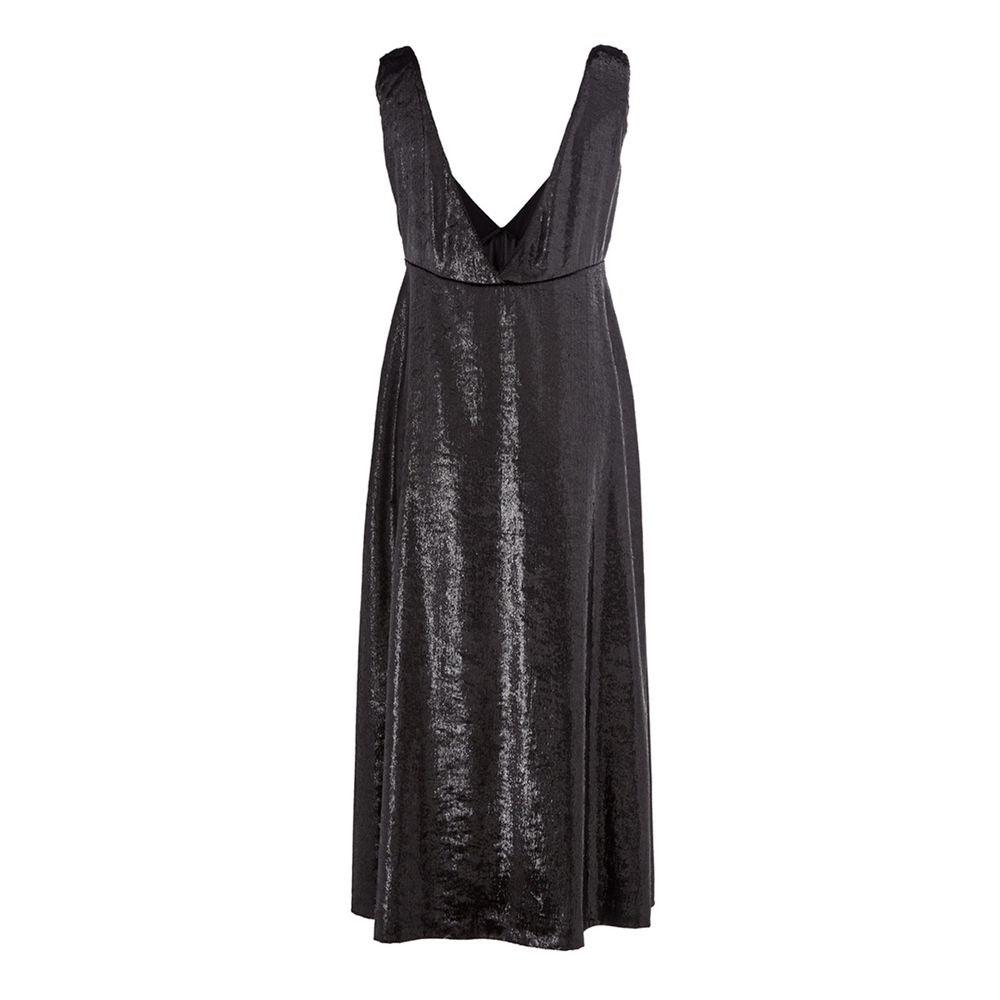 A black sequined cocktail dress with a V-neckline and sleeveless design