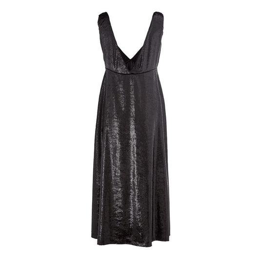 A black sequined cocktail dress with a V-neckline and sleeveless design