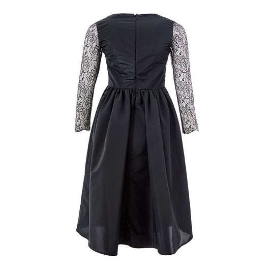 A black cocktail dress with lace detailing on sleeves and bodice