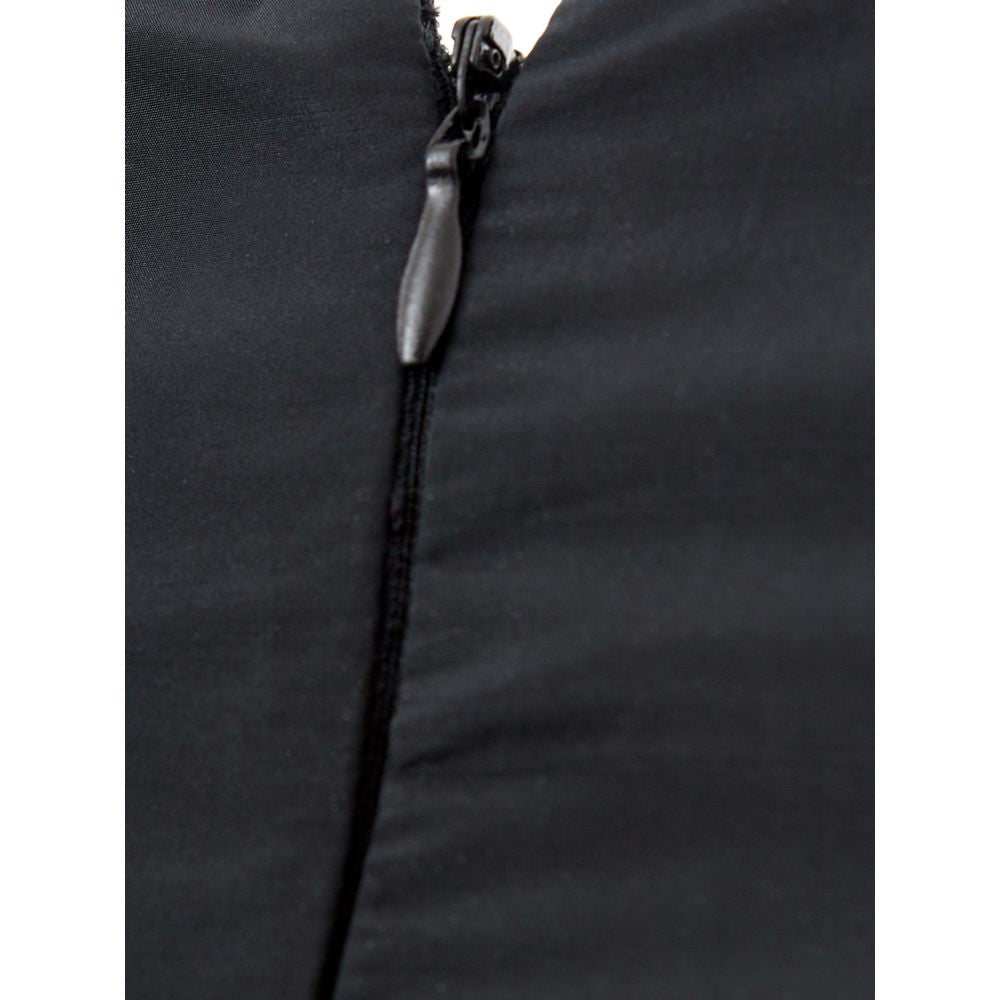 A black polyester cocktail dress with a zipper on the front