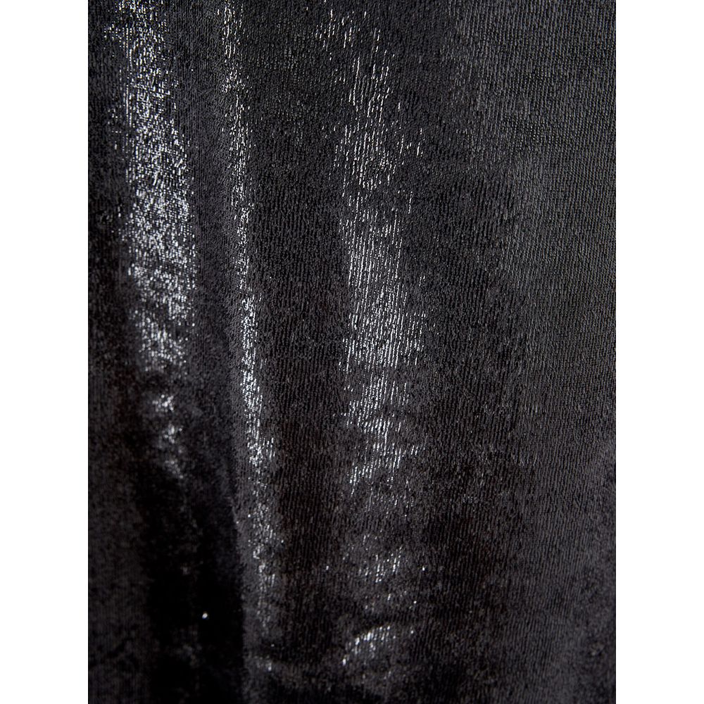 A black polyester cocktail dress with a shiny texture