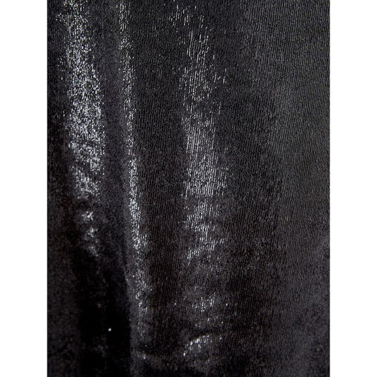 A black polyester cocktail dress with a shiny texture