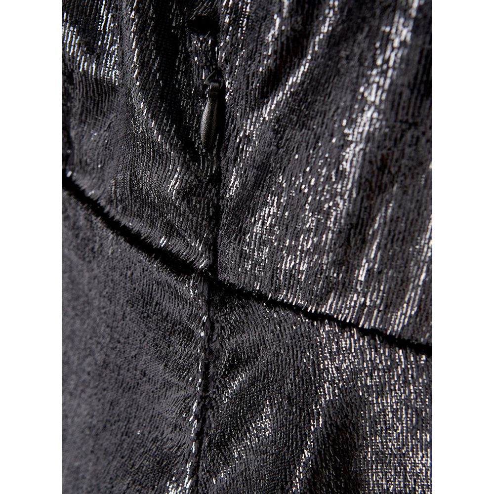 A black polyester cocktail dress with a shiny texture, featuring a V-neckline and short sleeves