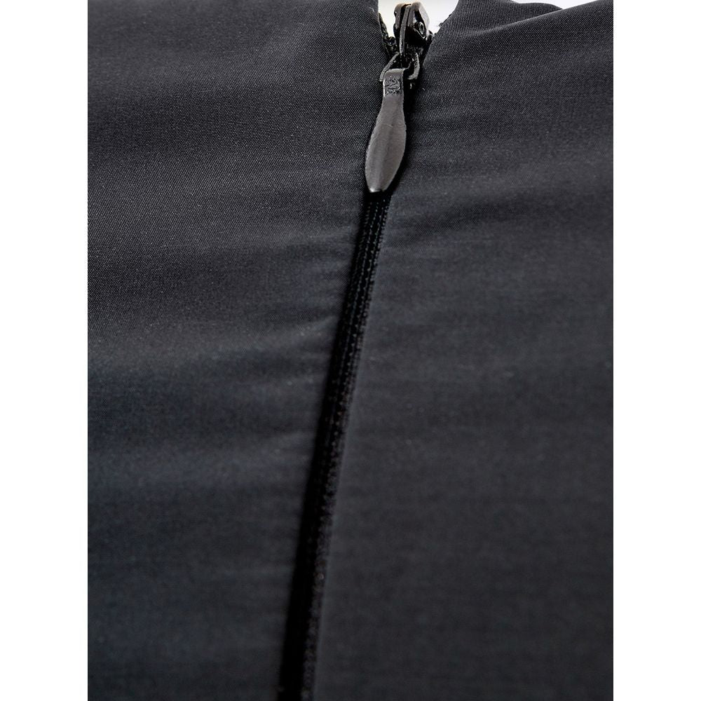 A black polyester cocktail dress with a zipper on the front