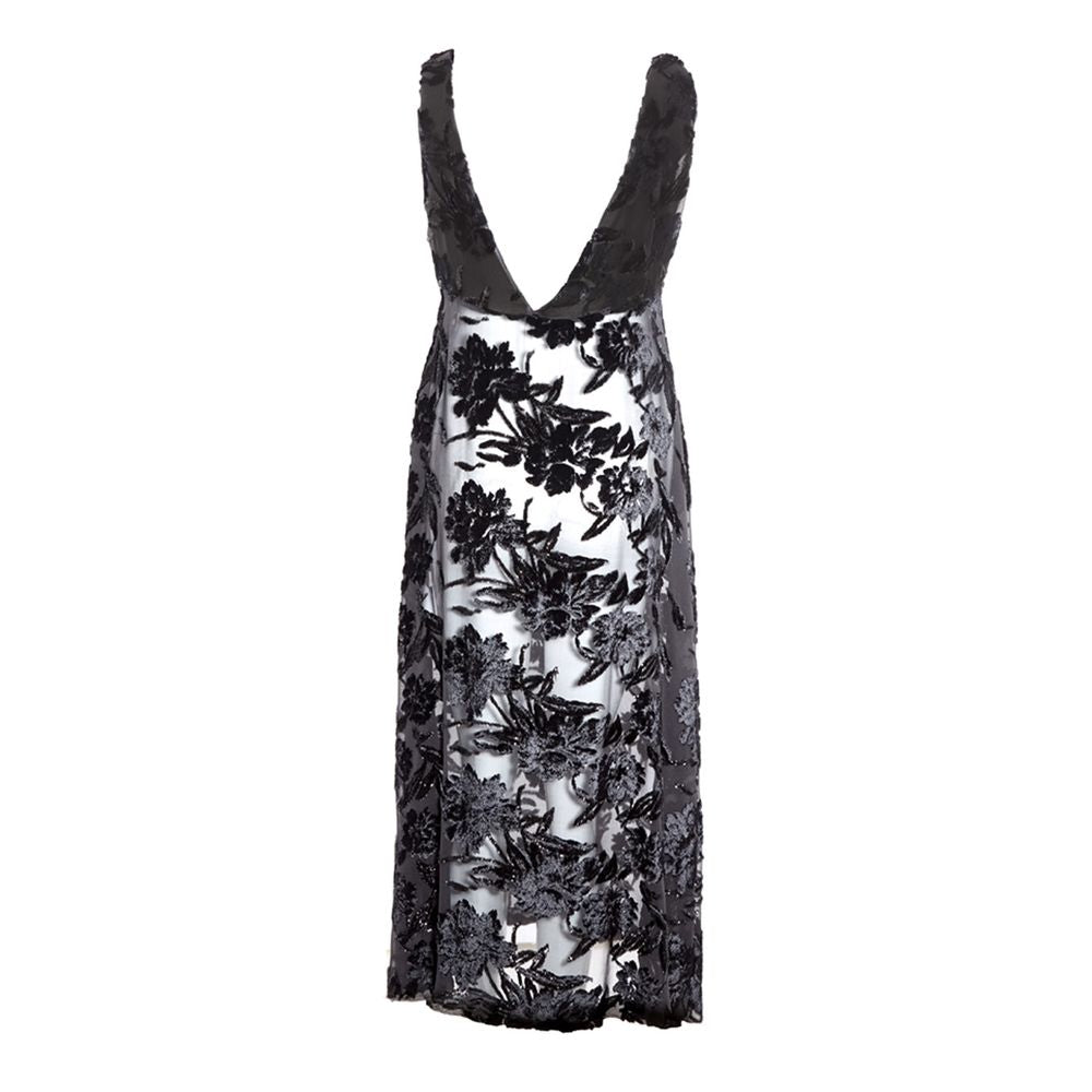 A black cocktail dress with floral embroidery on a viscose fabric