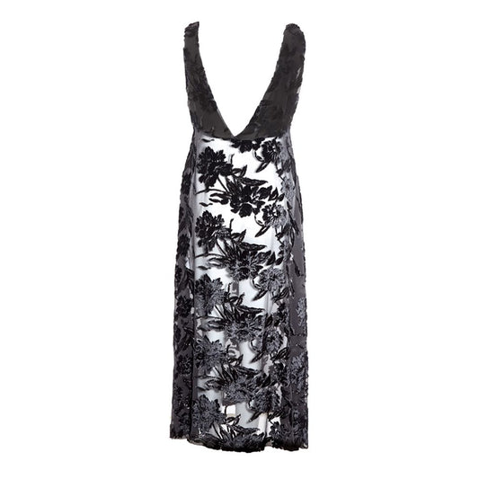 A black cocktail dress with floral embroidery on a viscose fabric