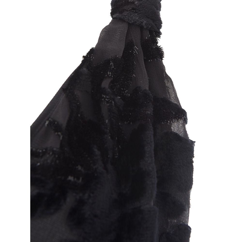A black viscose cocktail dress with a ruffled neckline and hem