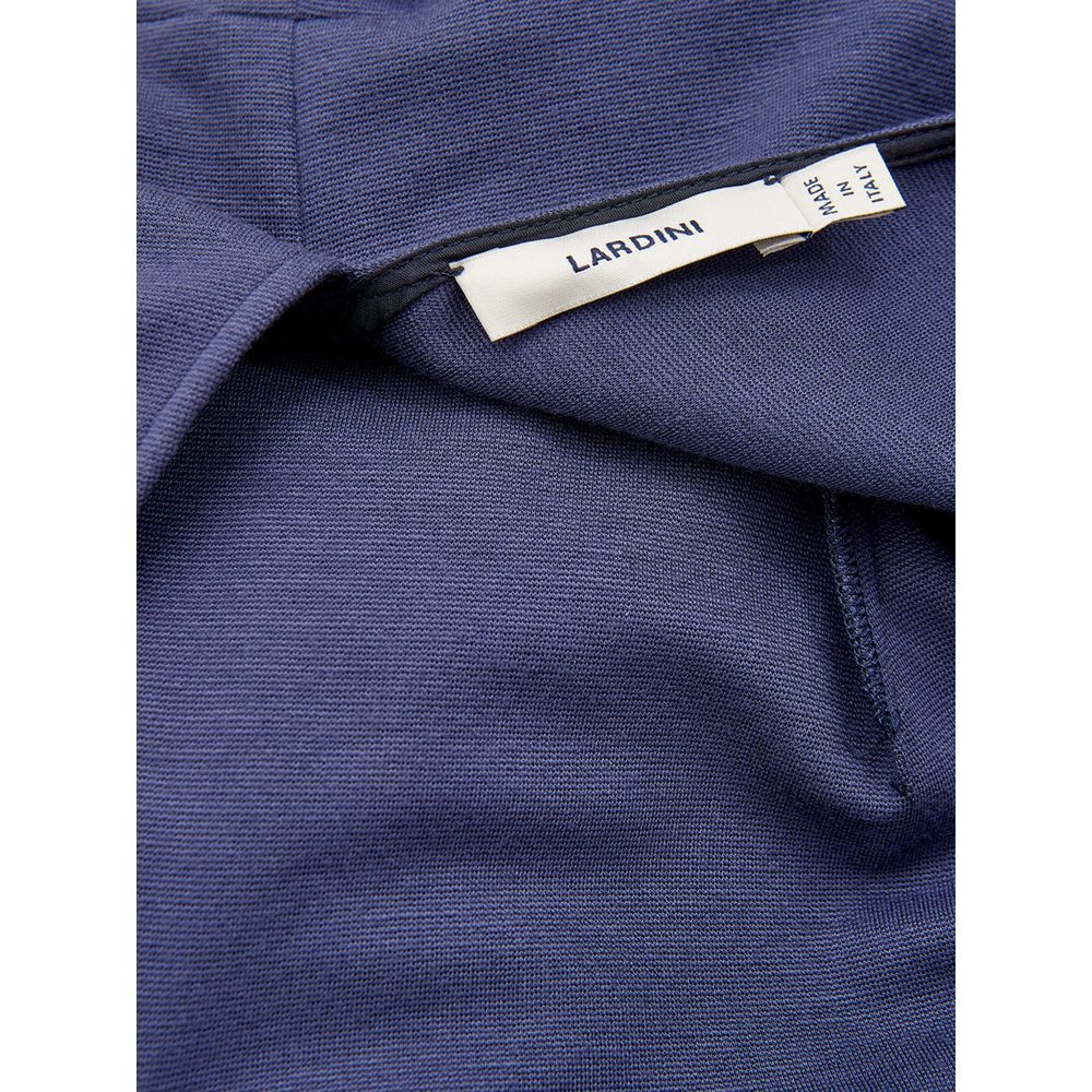 A blue viscose casual dress with a label on the inside of the neckline