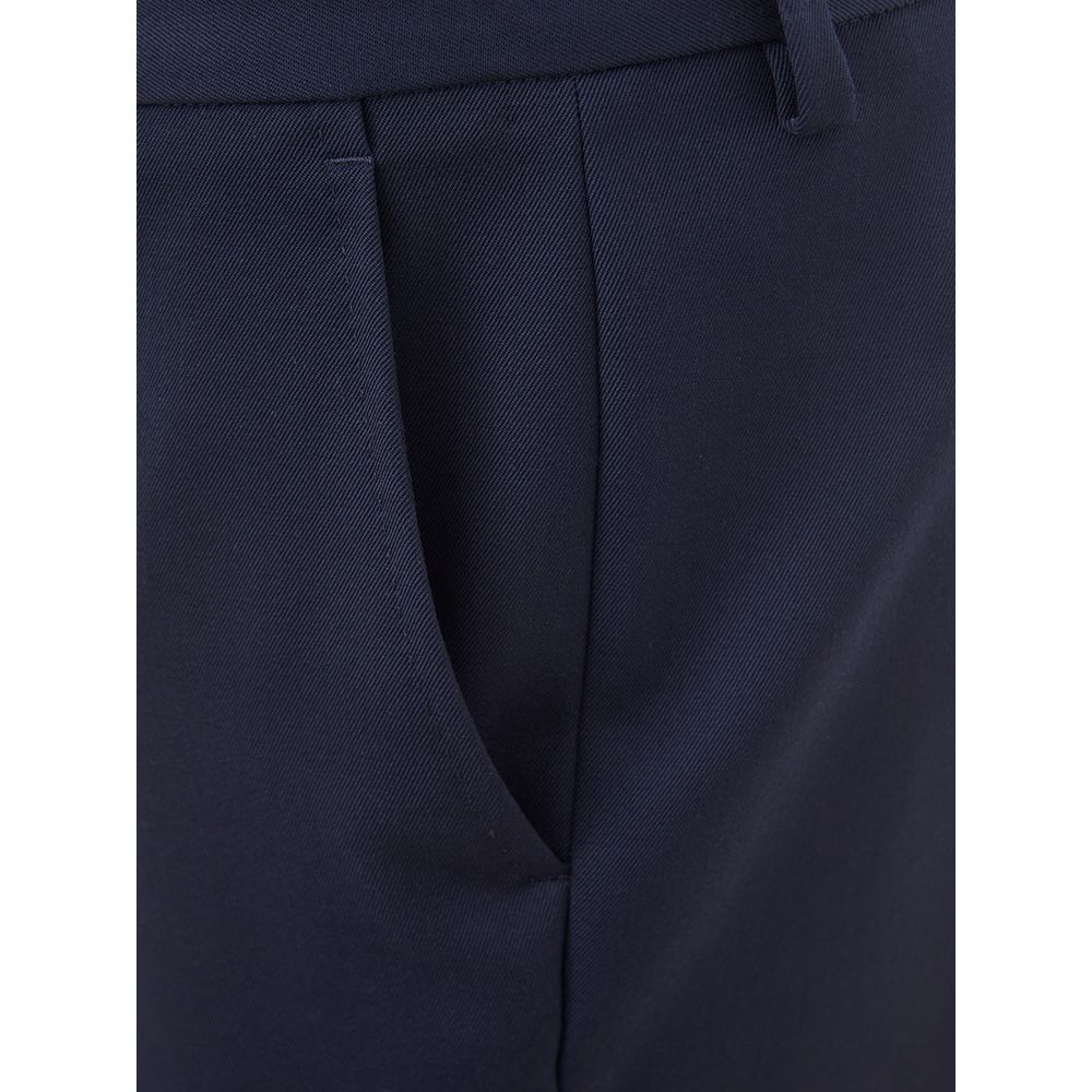 Navy blue wool dress pants with a slim fit, two front pockets, and a buttoned waistband