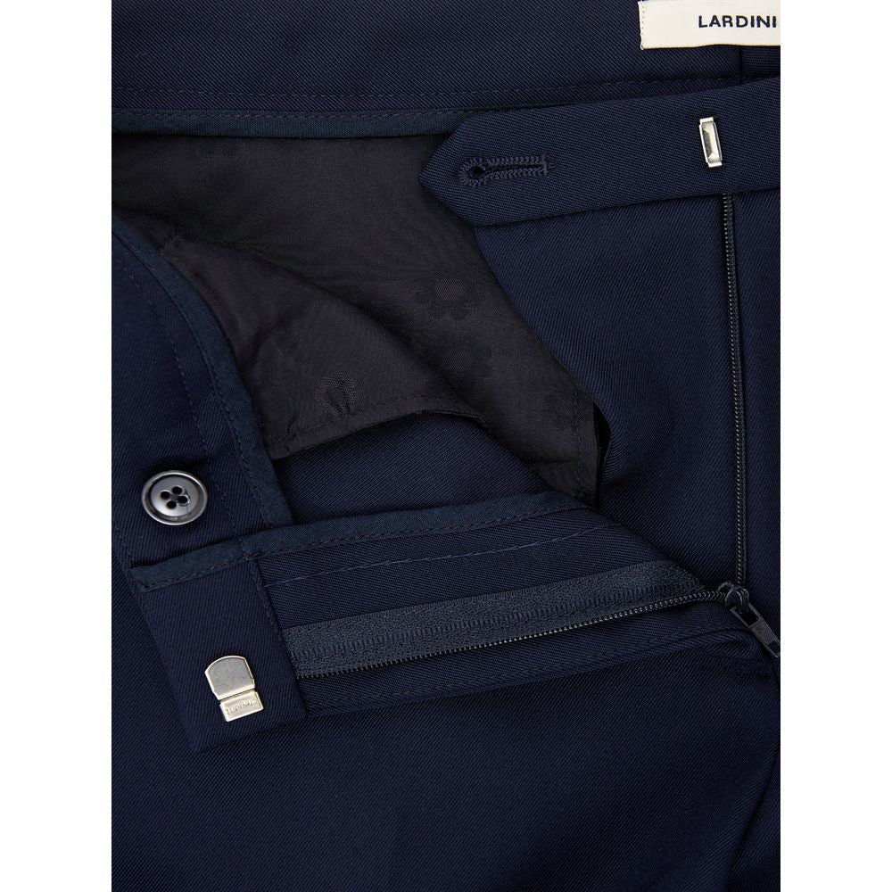 Navy blue wool dress pants with buttoned front, side pockets, and belt loops