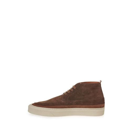 Brown suede lace-up boots with white soles