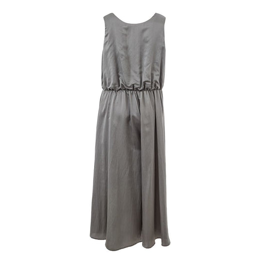 A gray silk casual dress with a V-neckline, short sleeves and a flared skirt
