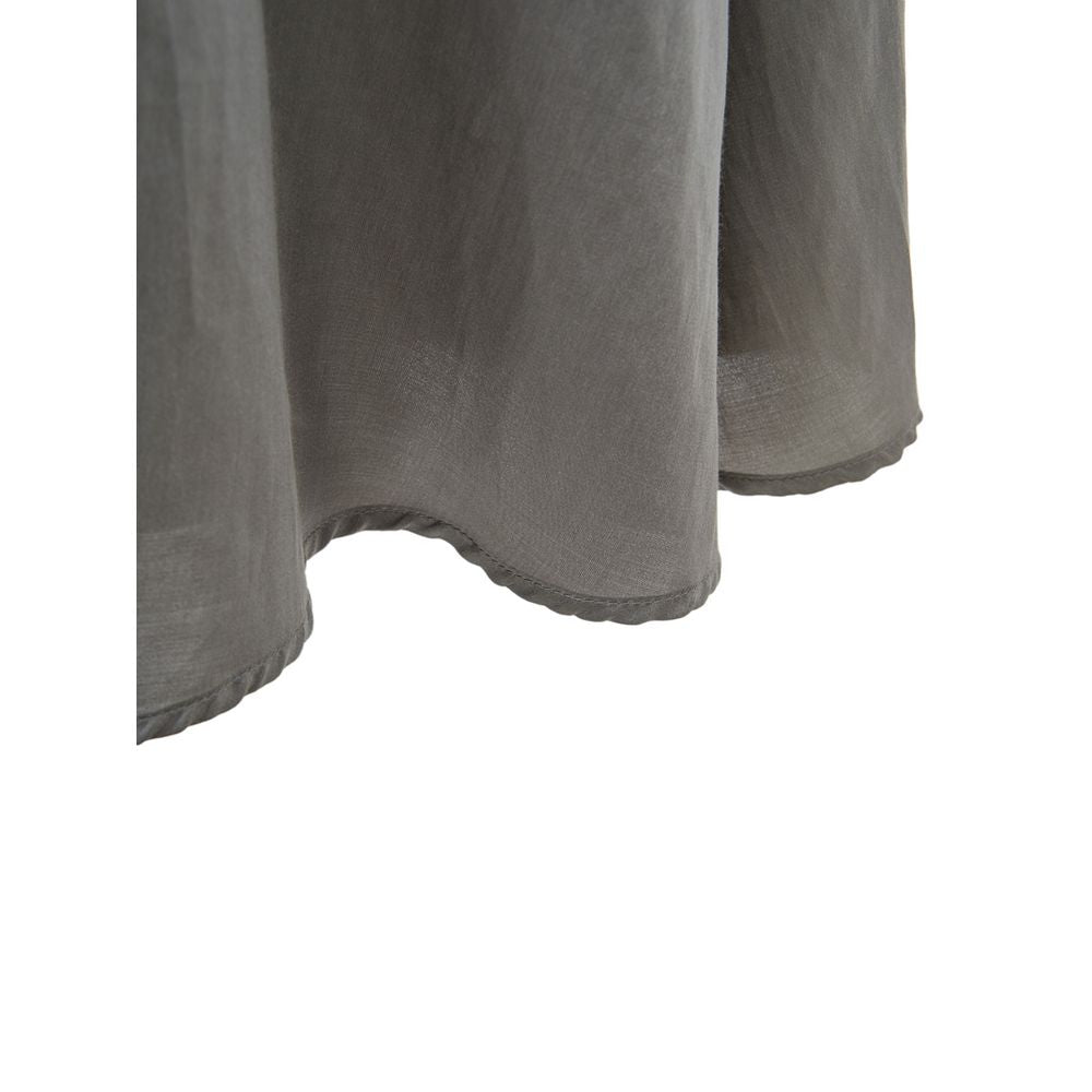 A gray silk casual dress with a draped design, featuring a V-neckline and long sleeves