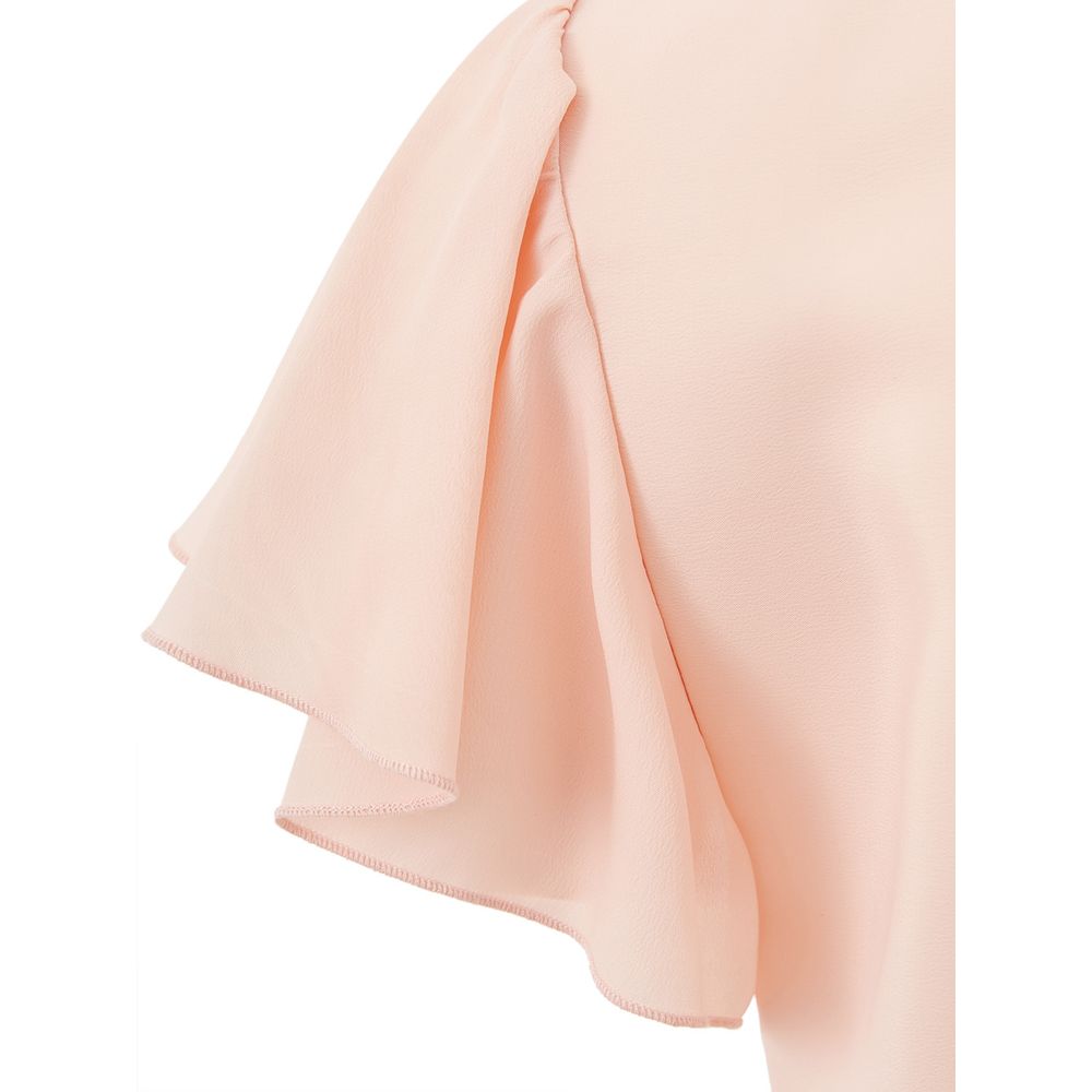 A pink casual dress with ruffled sleeves