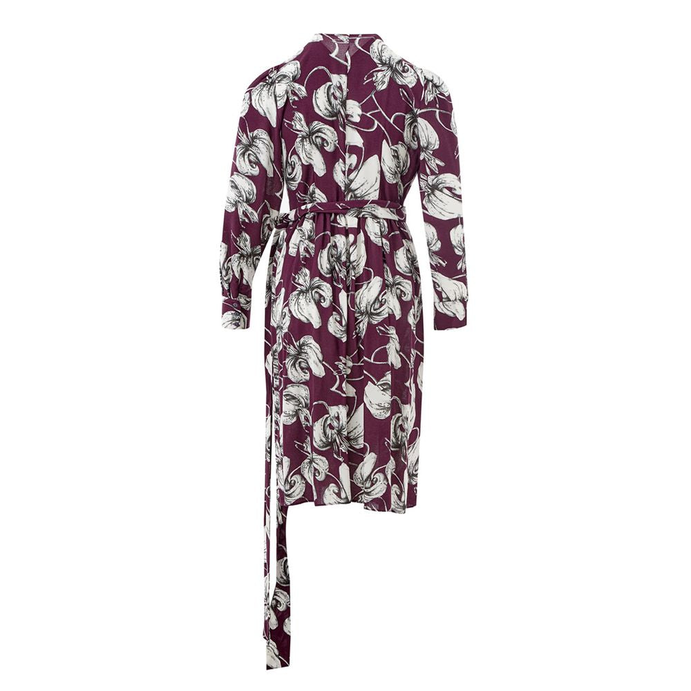 A long purple dress with a floral pattern