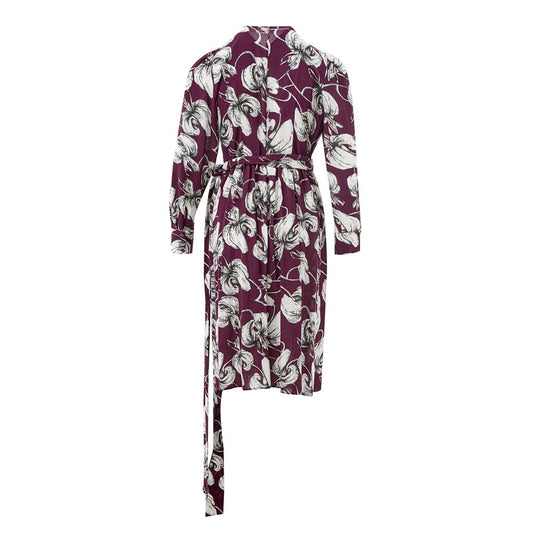 A long purple dress with a floral pattern