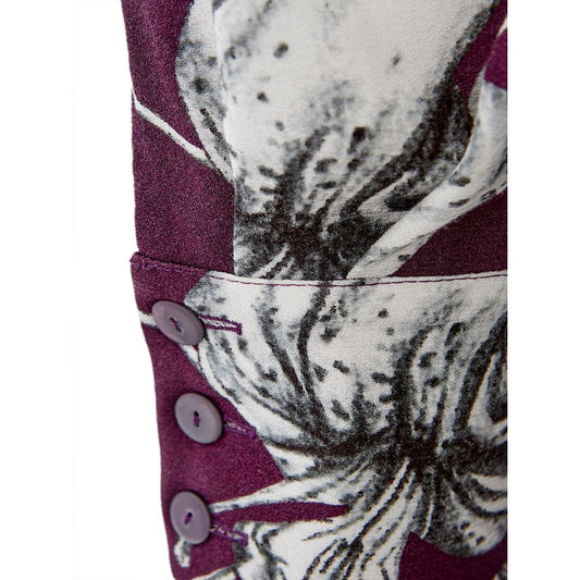 A purple viscose casual dress with a floral pattern on the front, featuring two buttons and a pocket