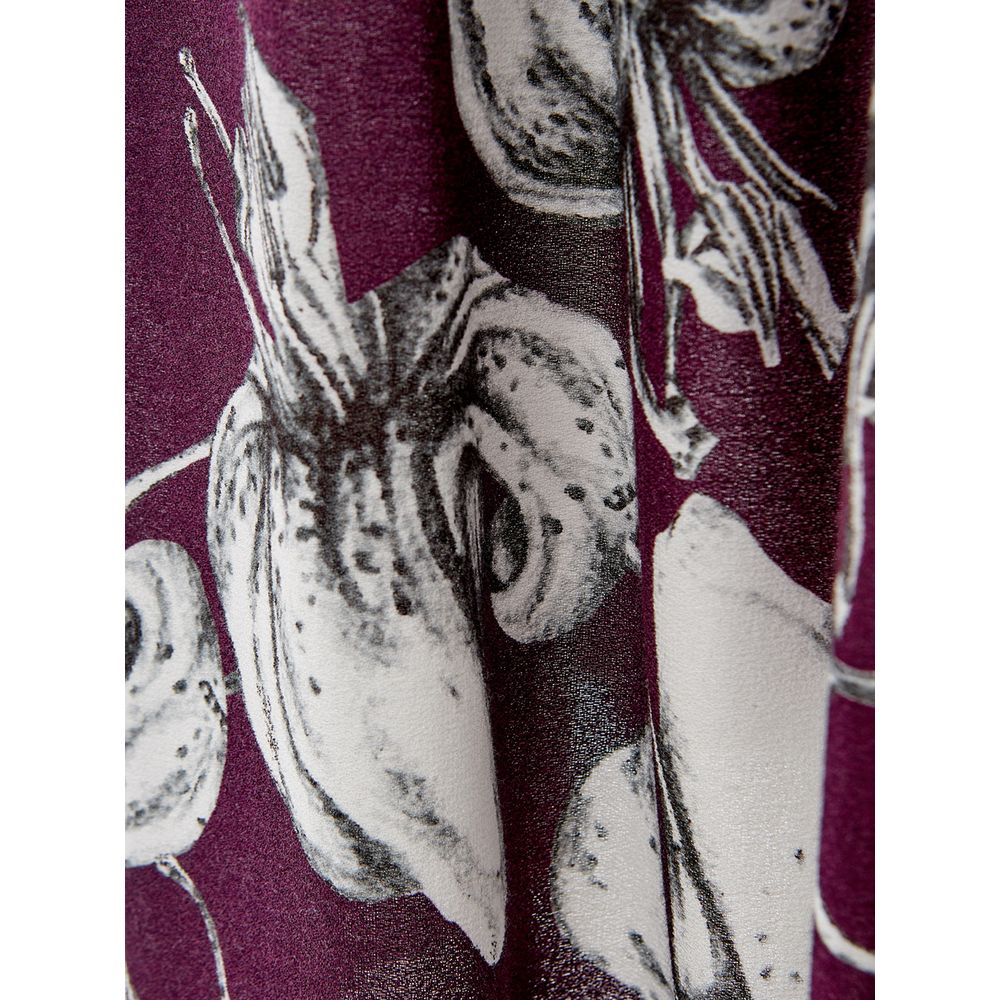 A purple viscose casual dress with a floral pattern featuring large flowers and leaves