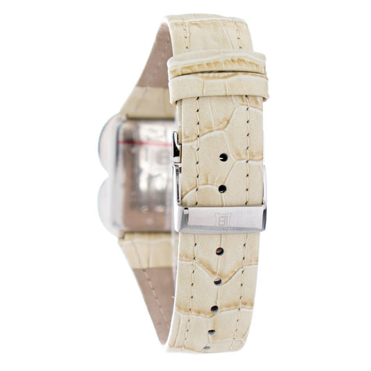 A beige leather watch with a silver buckle