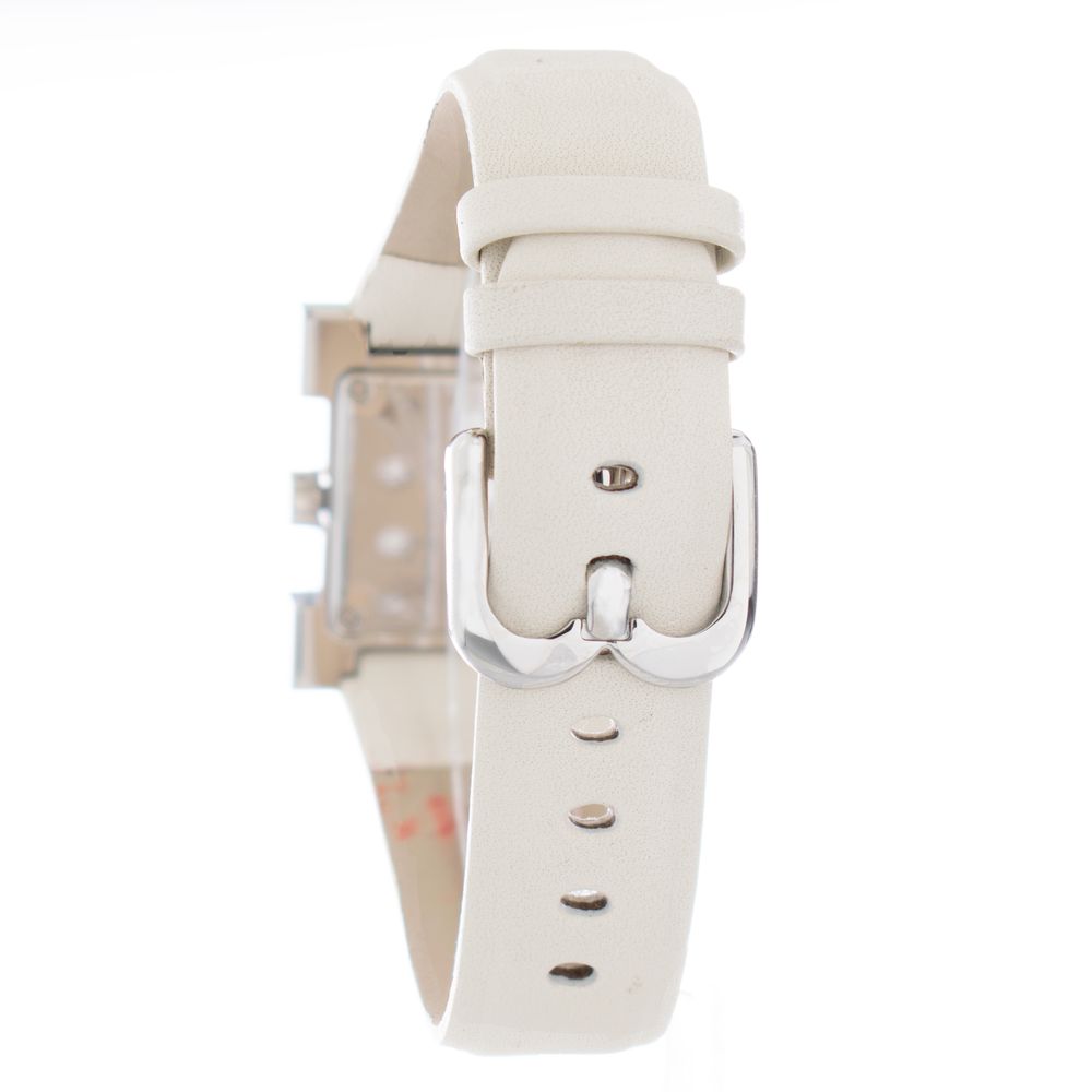 A beige leather watch with a silver buckle