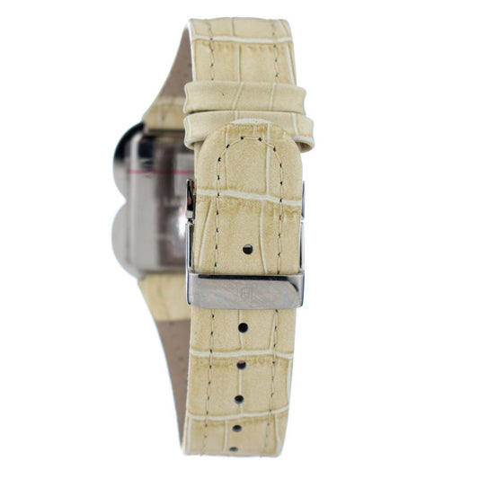 A beige leather watch with a silver buckle