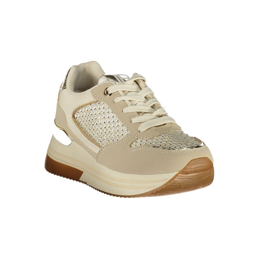 Tan women's sneaker with white laces, polyurethane upper and brown sole