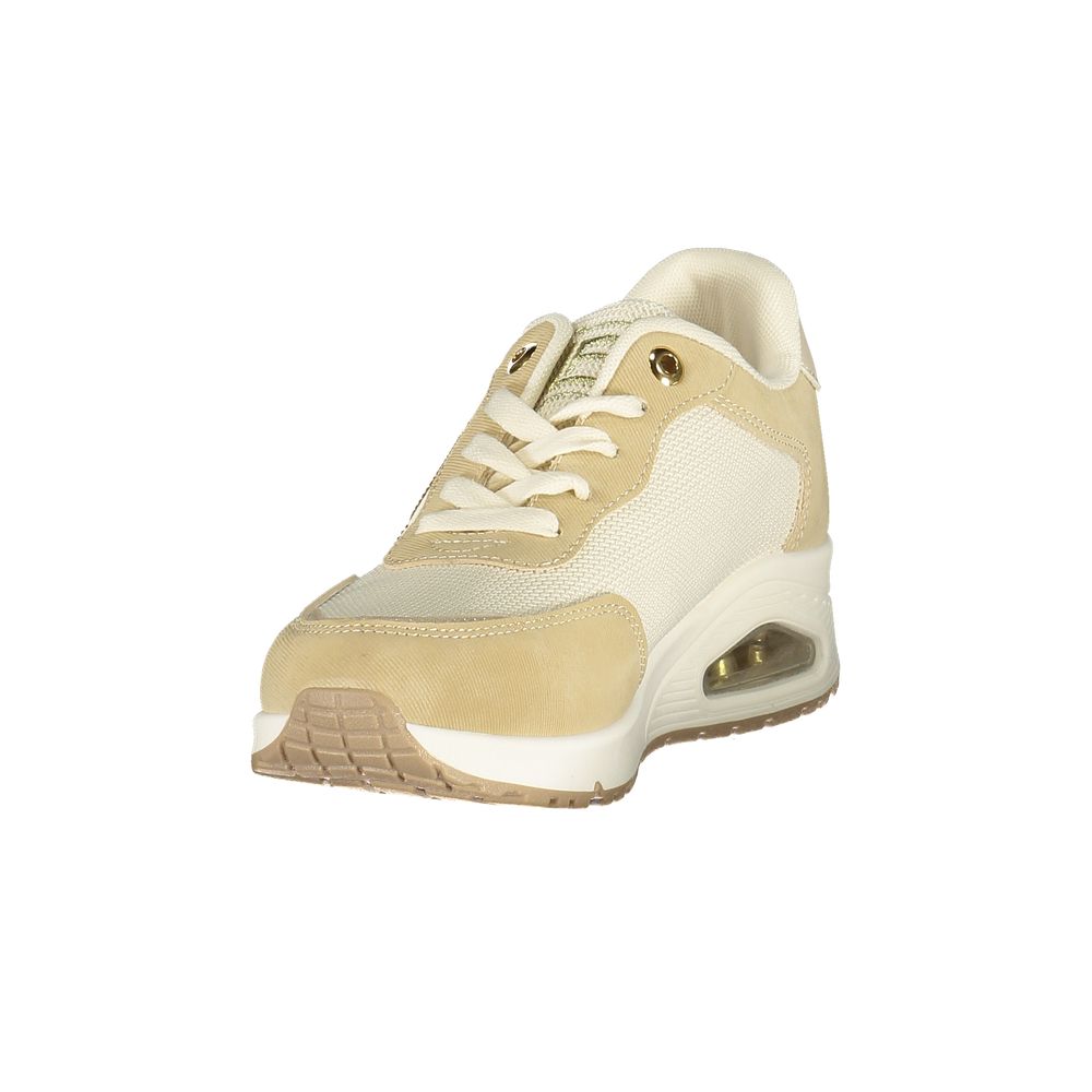 Tan women's sneakers with laces, gold accents, and a textured upper