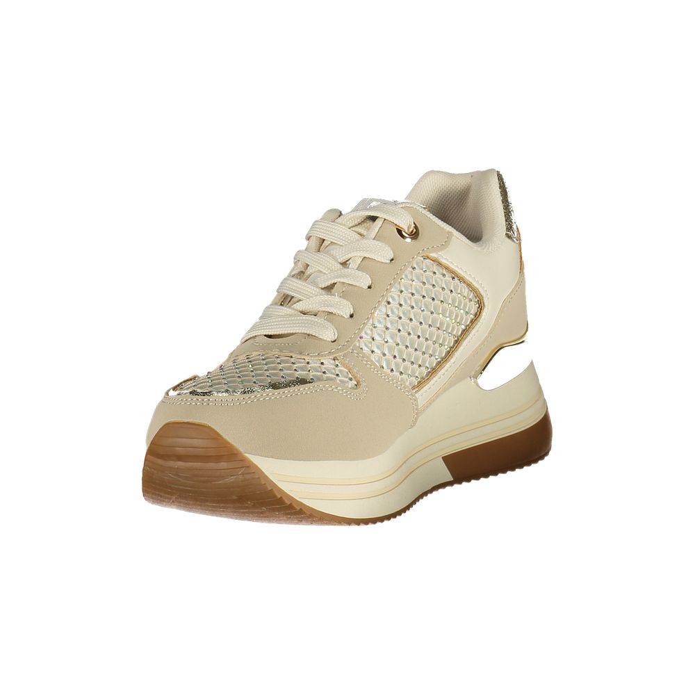 A beige women's sneaker with a glittery texture on the side and a low-top design