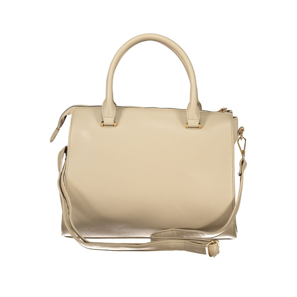 Tan leather handbag with gold accents