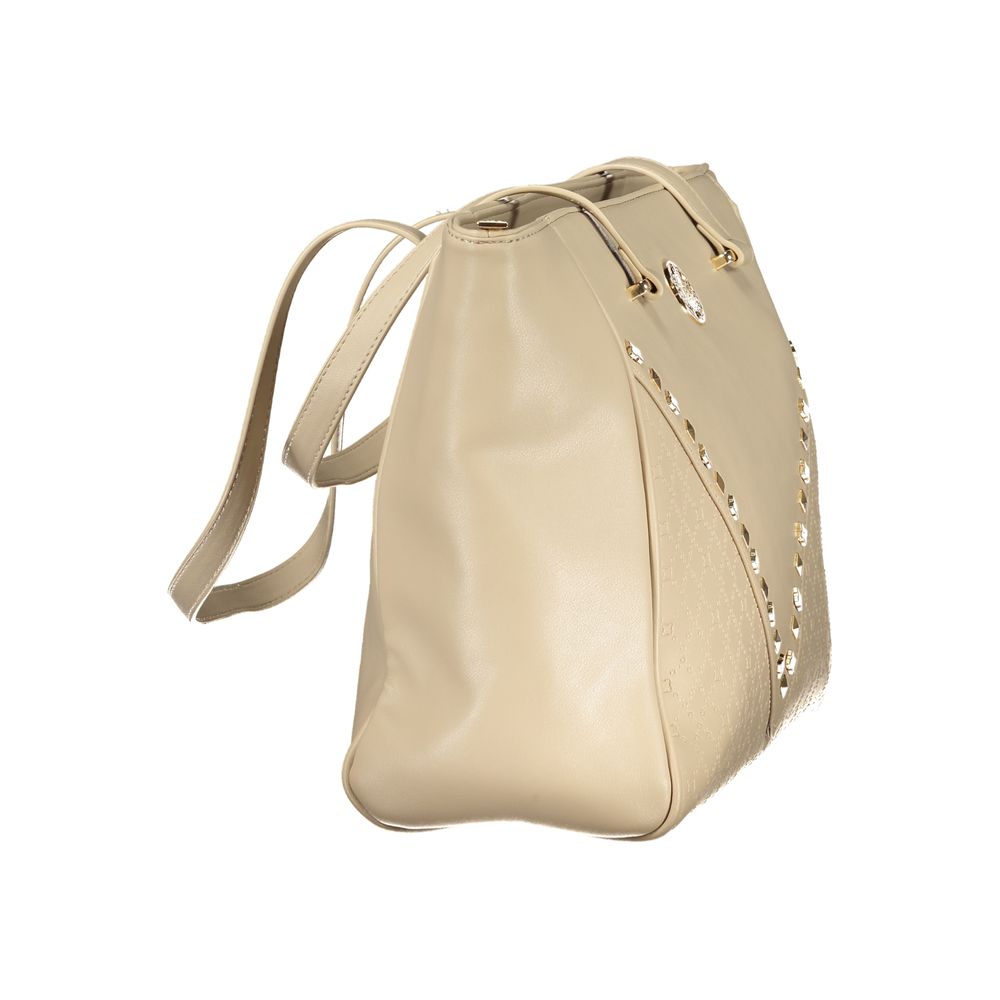 Large tan leather handbag with gold accents