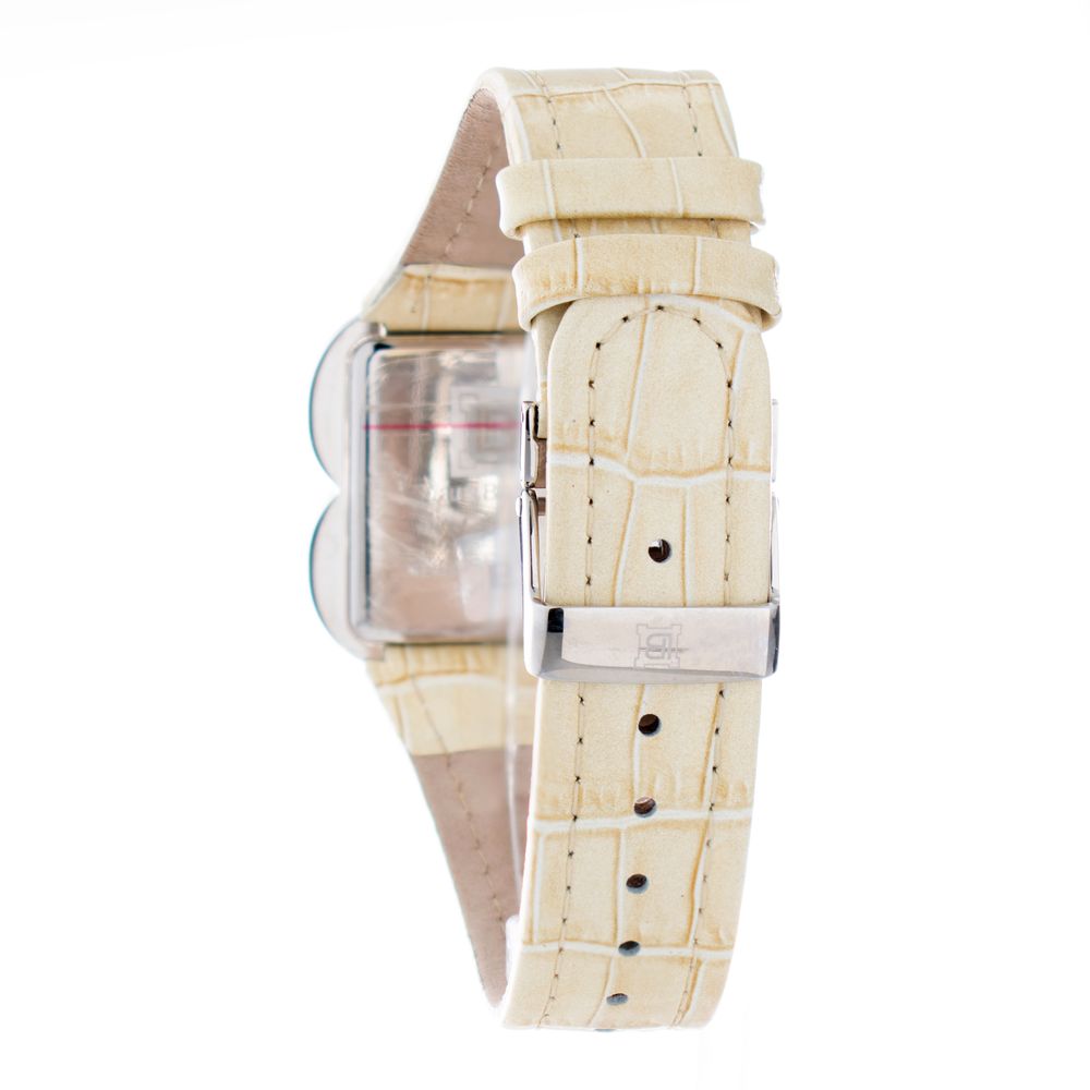 A beige strap watch with a silver face, featuring a buckle closure and a logo on the side