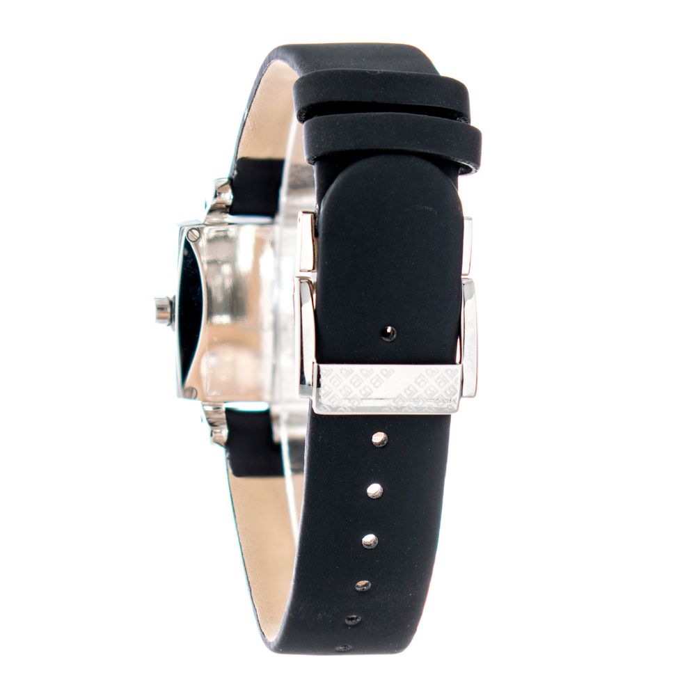 A black leather watch with a silver buckle