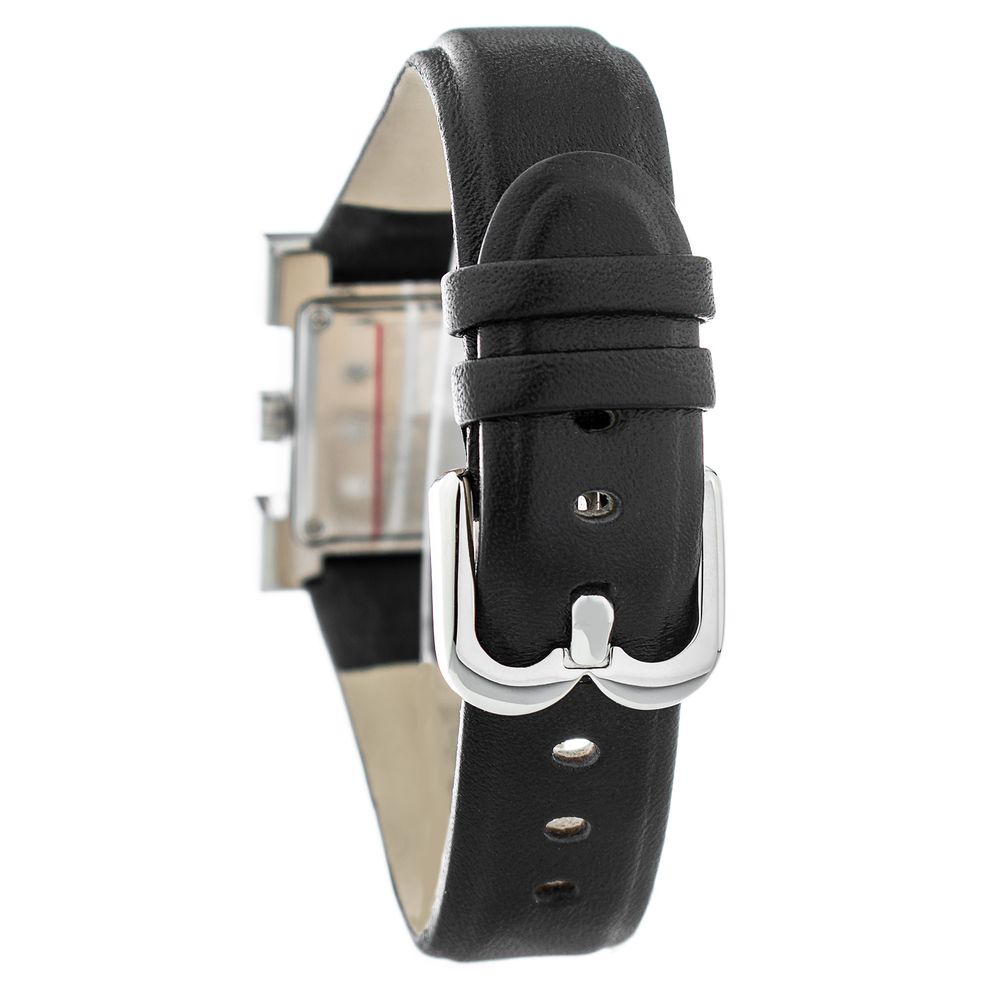 A black leather watch with silver accents