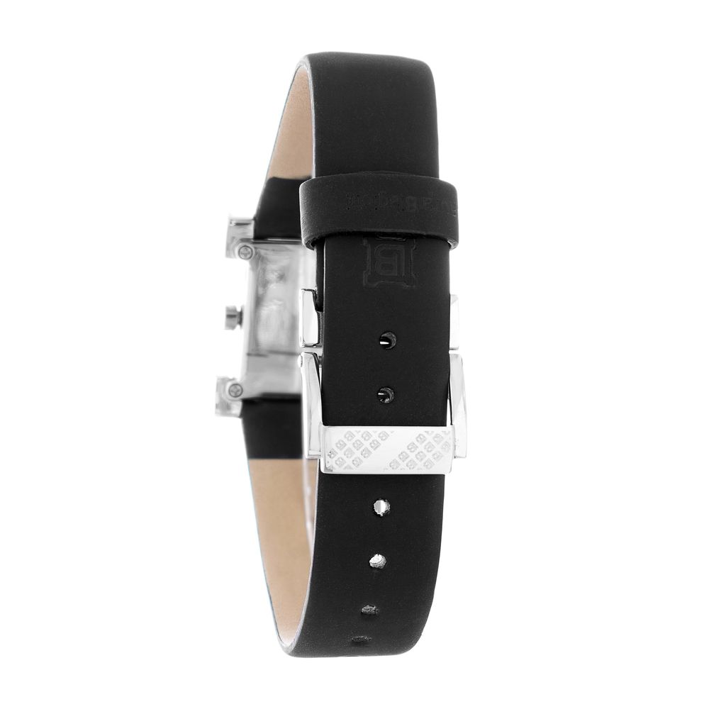 A black leather watch with a silver buckle