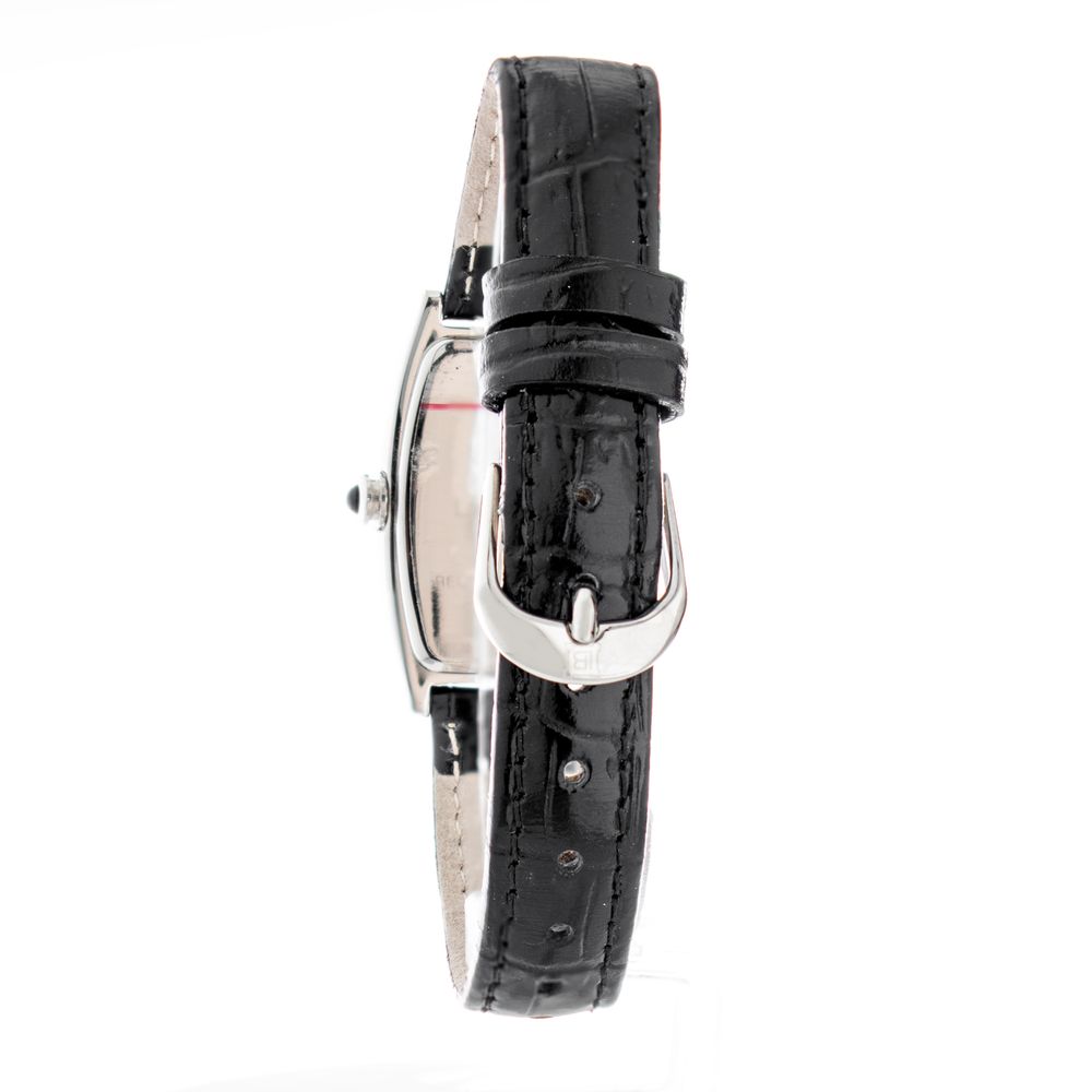A black leather watch with a silver buckle