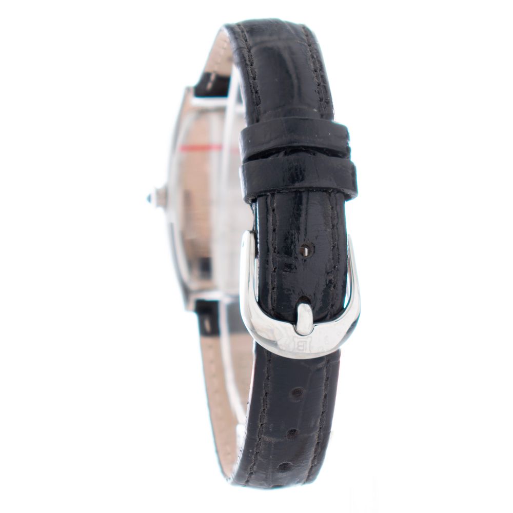 A black leather watch with a silver buckle