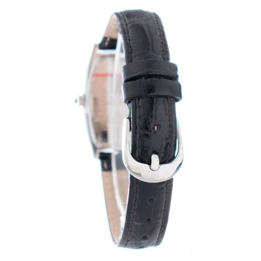 A black leather watch with a silver buckle