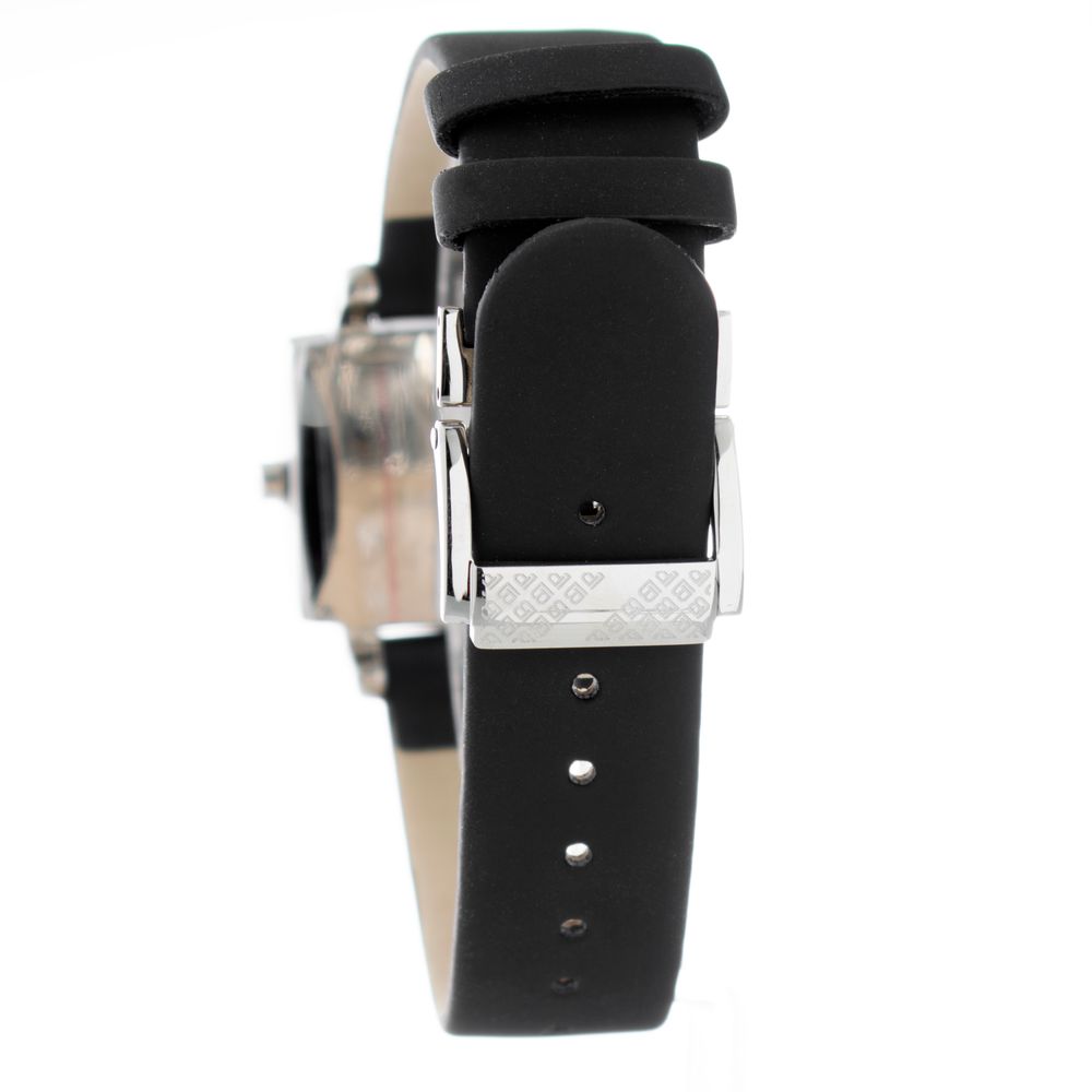 A black leather watch with silver accents