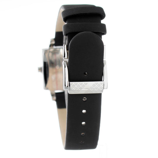 A black leather watch with silver accents