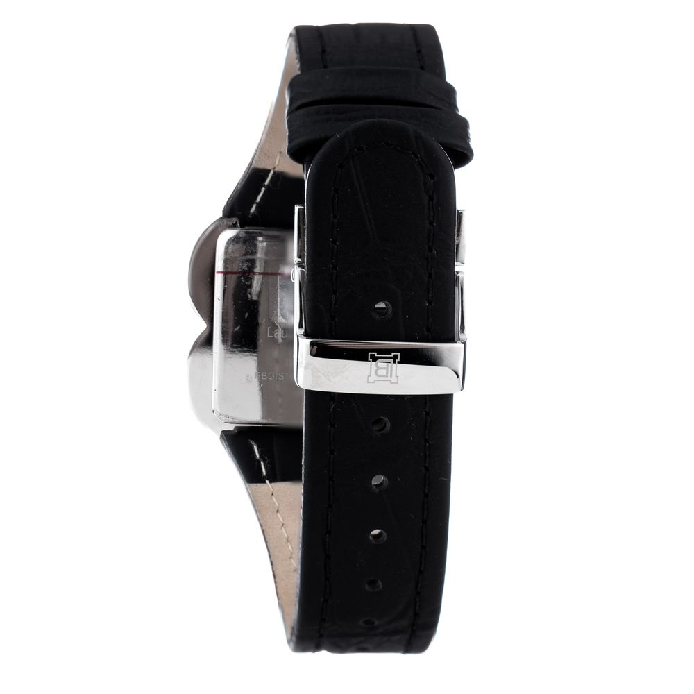 A black leather watch with a silver buckle