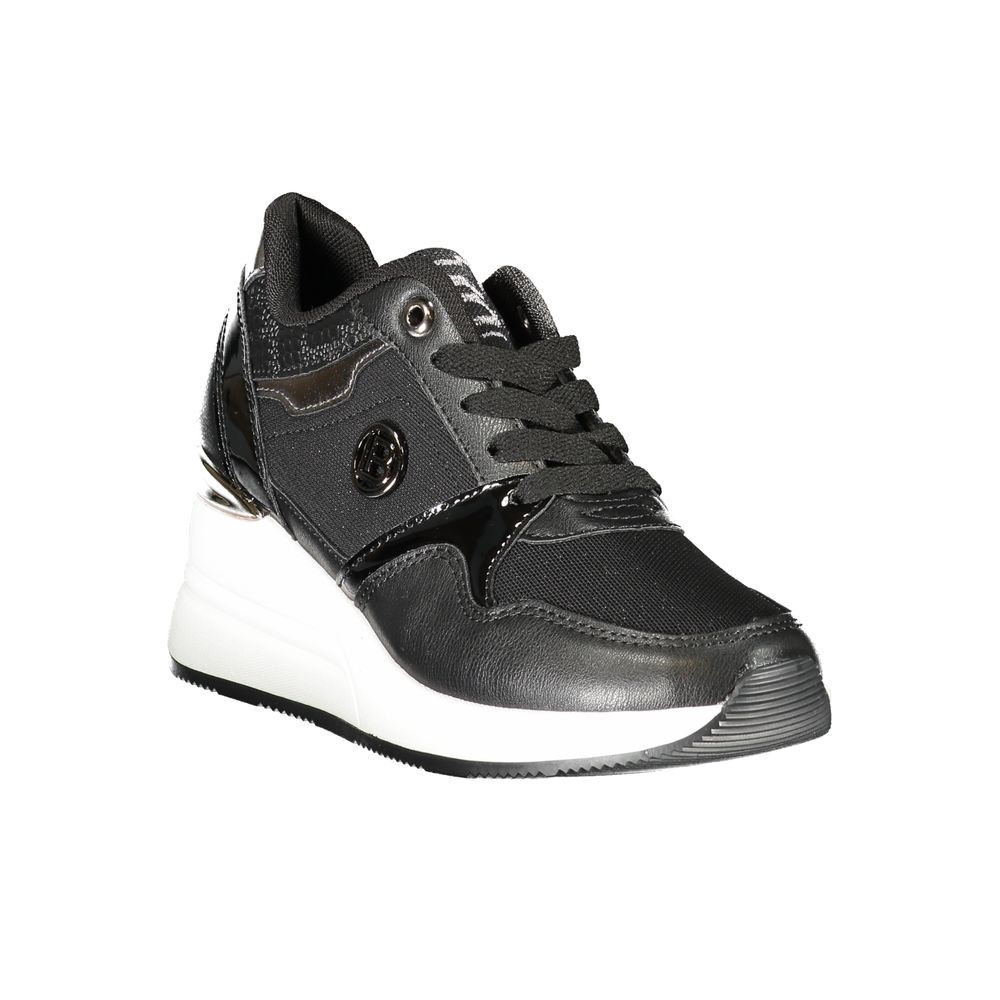 A black sneaker with white sole