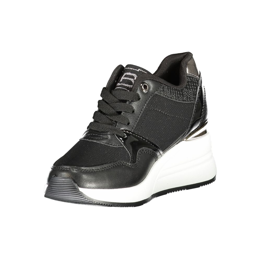 A black polyester sneaker with white sole