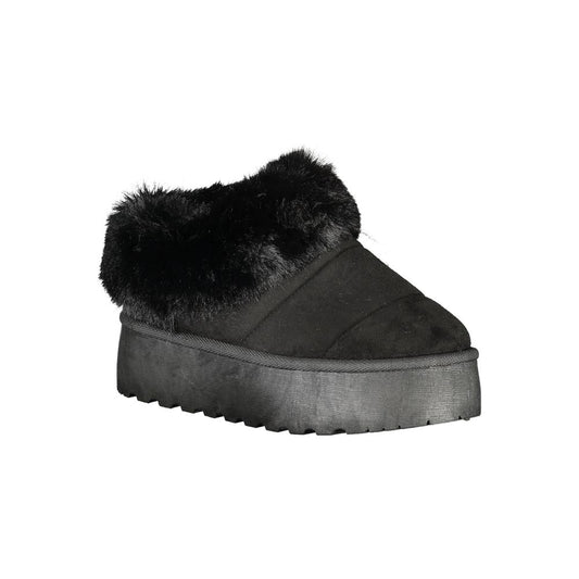 A black women's slip on shoe with a furry texture