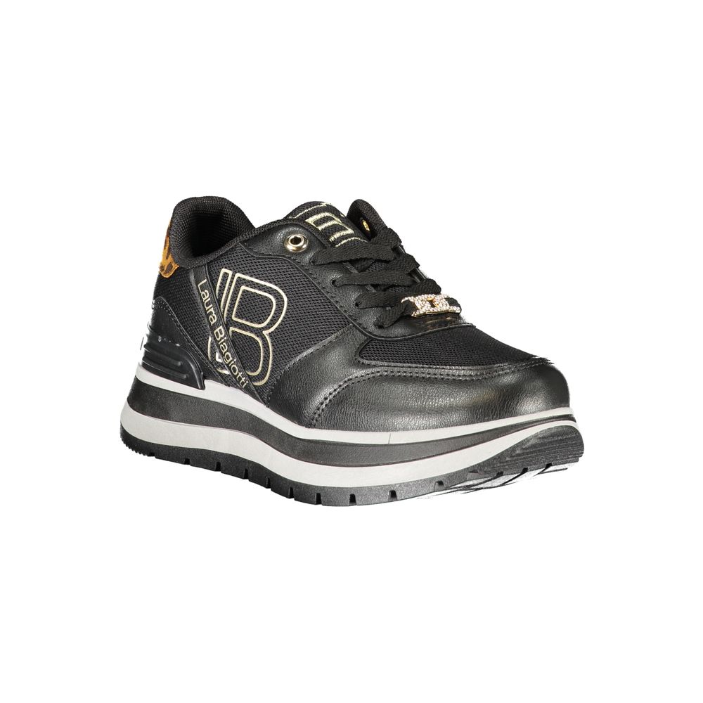 A black women's sneaker with white laces, gold accents, and a logo on the side