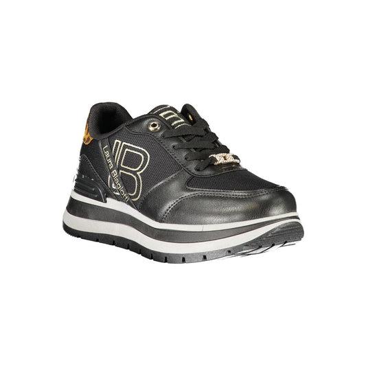 A black women's sneaker with white laces, gold accents, and a logo on the side