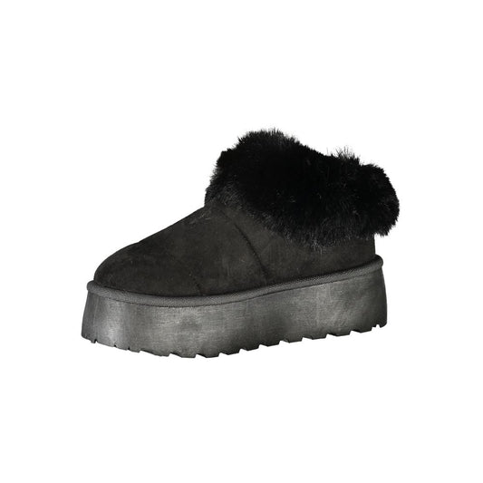 A black women's slip on shoe with a furry trim
